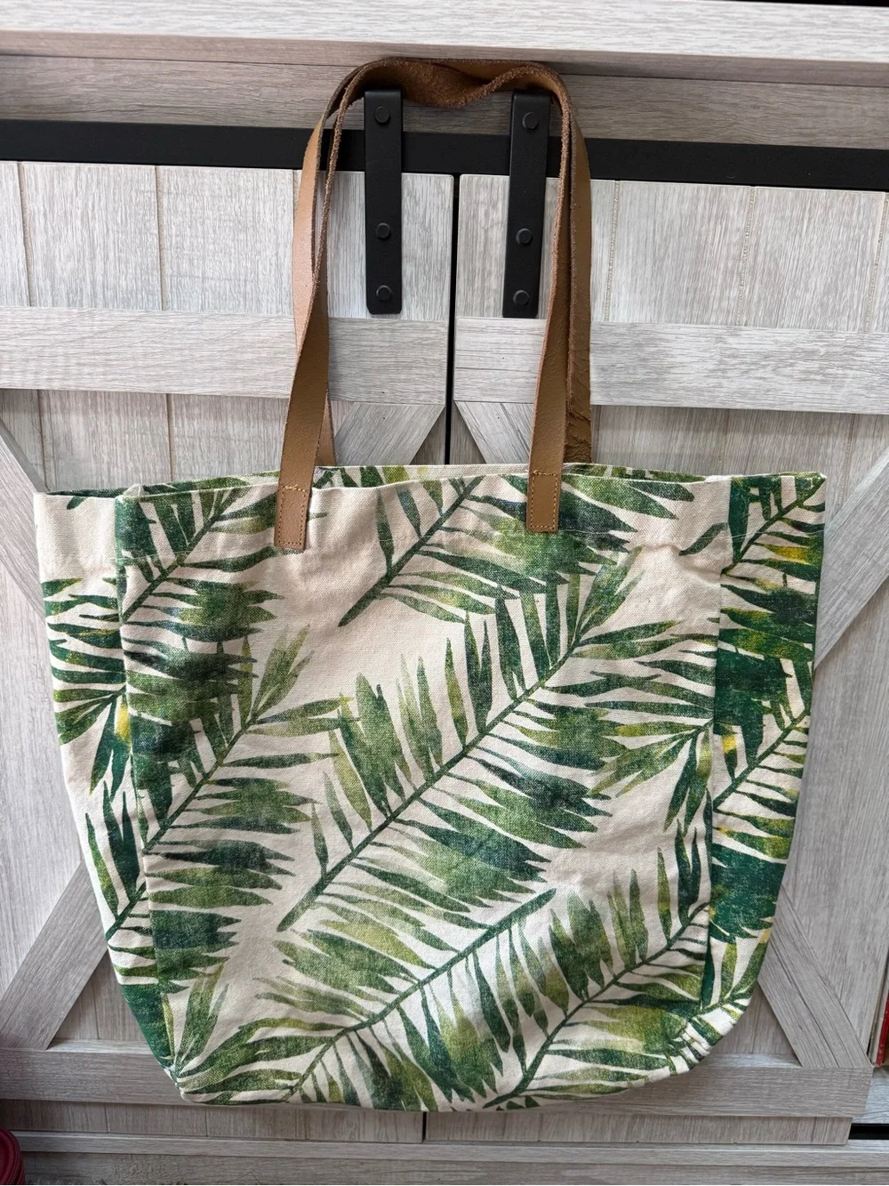 Tropical Leaf Print Canvas Tote with Brown faux leather Straps- 14x17”